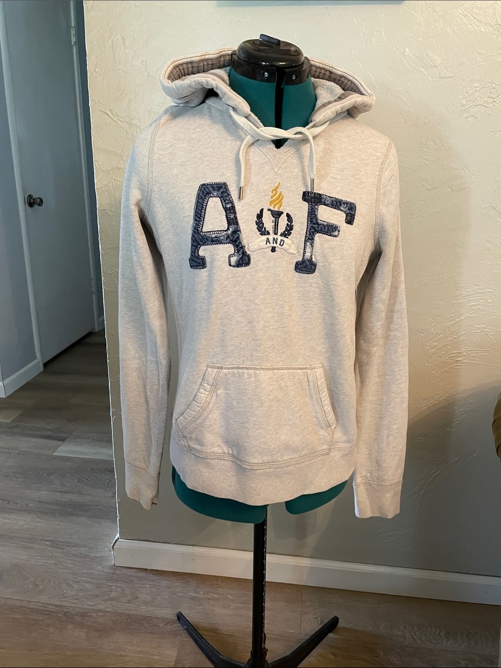 Abercrombie & Fitch women’s pullover sweatshirt, gray with blue, size L.